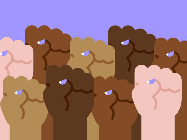 Illustration von erhobenen Fäusten in verschiedenen Hauttönen vor einem hellvioletten Hintergrund.