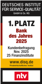 Auszeichnungsplakette für die Bank des Jahres 2025 vom Deutschen Institut für Service-Qualität.