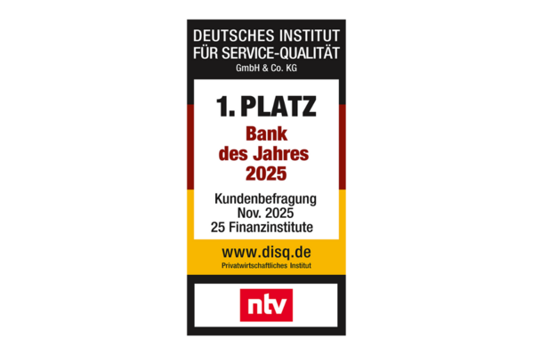Auszeichnungsplakette für die Bank des Jahres 2025 vom Deutschen Institut für Service-Qualität.
