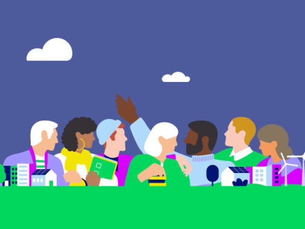 GLS_Bank_Nachhaltigkeitsbericht_2023 Die Illustration zeigt Menschen in Interaktion miteinander. Im Vordergrund stehen Windräder und Häuser mit PV-Anlagen.
