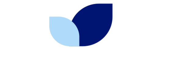 Zwei sich überlappende Blattformen, eine hellblaue und eine dunkelblaue, auf einem gelben Kreis.