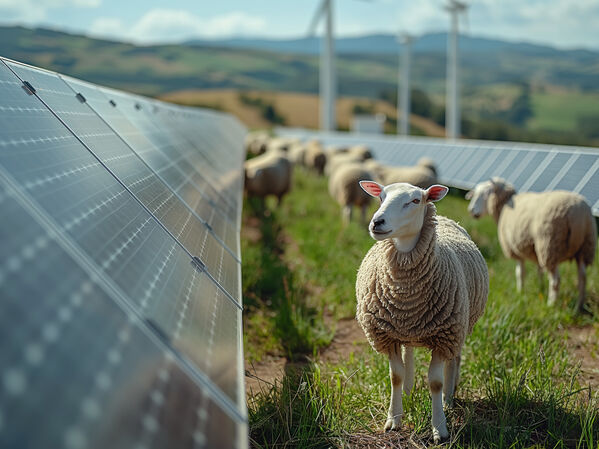 Schafe zwischen einer Freiflächen-Photovoltaikanlage