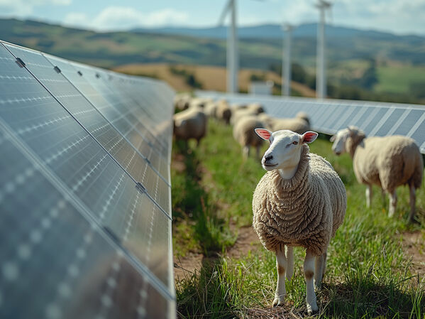 Schafe zwischen einer Freiflächen-Photovoltaikanlage