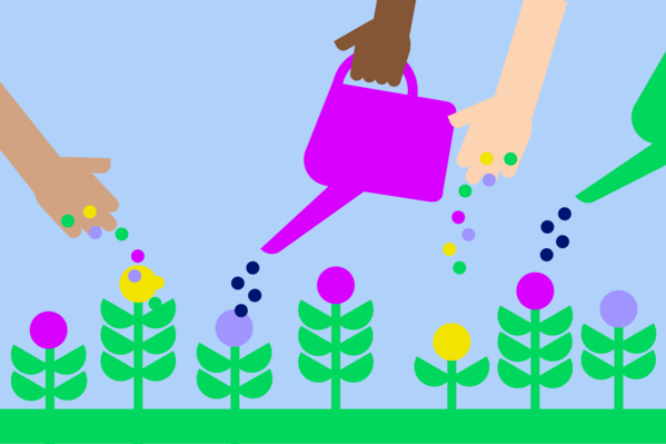 GLS Bank lässt Äcker blühen - 10 Quadratmeter pro neuem Anteil Illustration von Händen, die aussäen und Blumen gießen