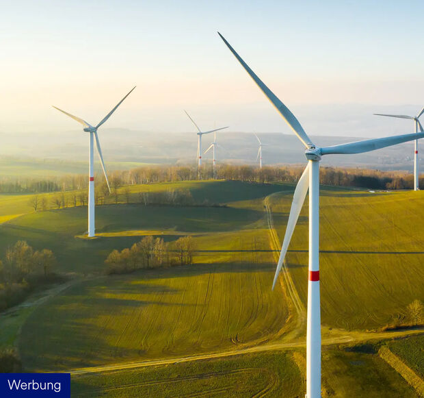 Mehrere Windturbinen stehen in einer Graslandschaft unter einem klaren Himmel.