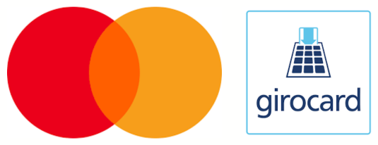 Logos Mastercard (ein roter und ein gelber Kreis) und girocard