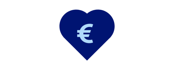 Ein dunkelblaues Herz mit einem hellblauen Euro-Symbol in der Mitte.