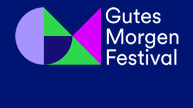 Geometrische Formen und der Text "Gutes Morgen Festival" auf einem weißen Hintergrund.
