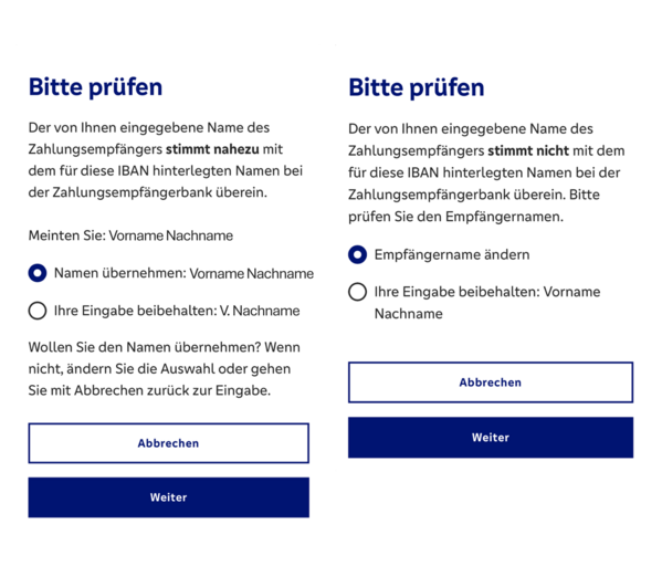 Screenshots aus der Banking App. Überprüfen oder Korrigieren des Namens des Zahlungsempfängers.