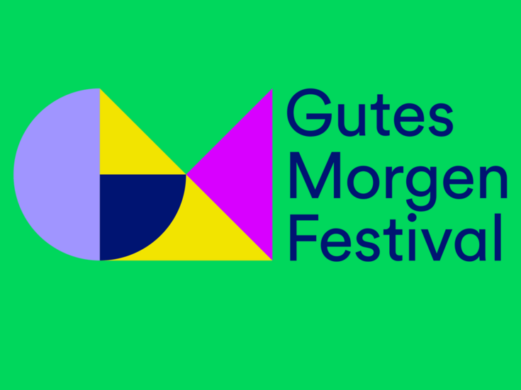 Gutes Morgen Festival-Logo mit geometrischen Formen und fettem blauen Text.