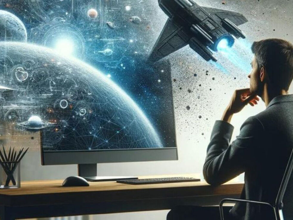 KI generiertes Bild: Mensch am Schreibtisch mit 3D Weltraum der aus seinem Comutperbildschirm kommt.
