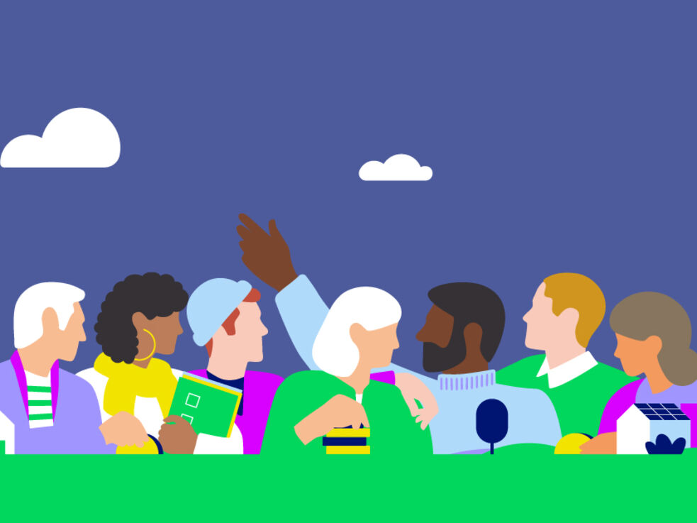 Keyvisual Nachhaltigkeitsbericht 2023 Illustration von unterschiedlichen Menschen und einer Landschaft mit GLS Projekten.