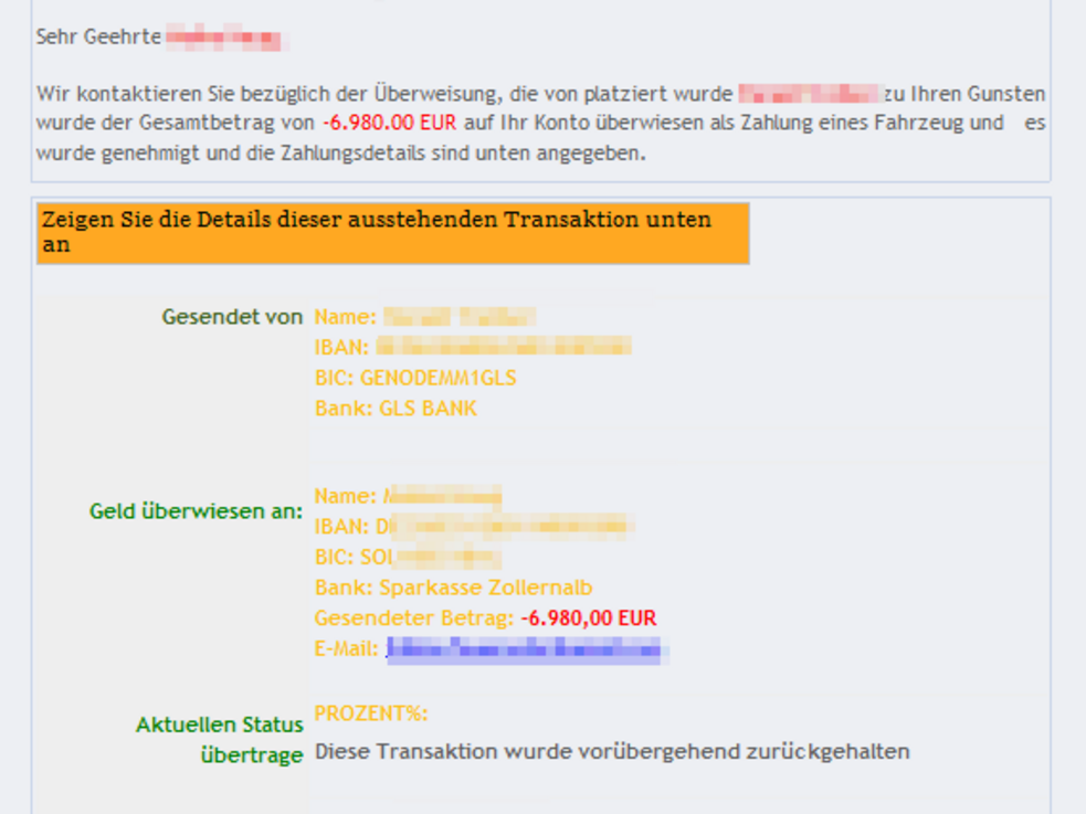 Screenshot einer gefälschten Mitteilung mit einer Zahlungsaufforderung