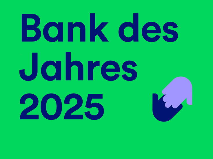 Text: Bank des Jahres 2025 mit einer Grafik einer lila und marineblauen Hand auf Grün.