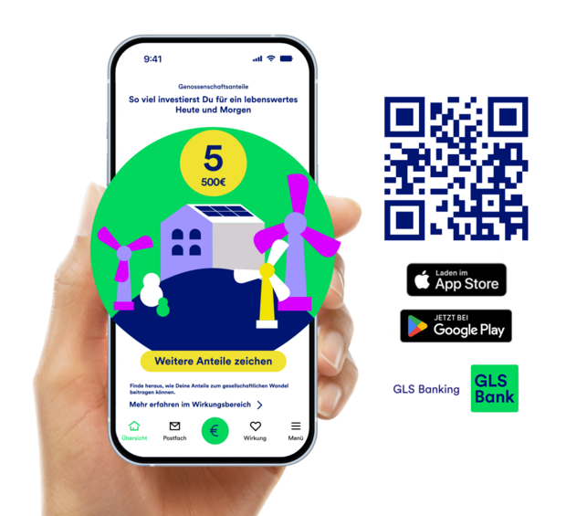 GLS Banking App mit QR-Codes zum Download im App Store und Google Play