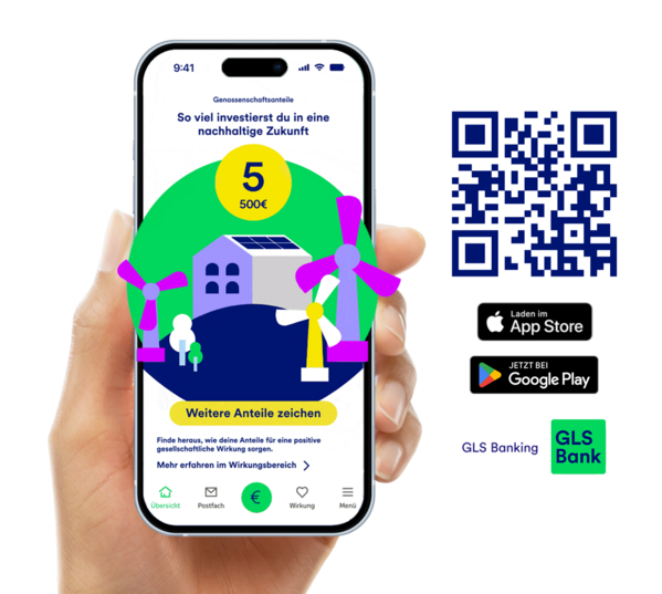 Eine Hand hält ein Telefon, auf dem eine GLS Banking App mit einem QR-Code daneben angezeigt wird.