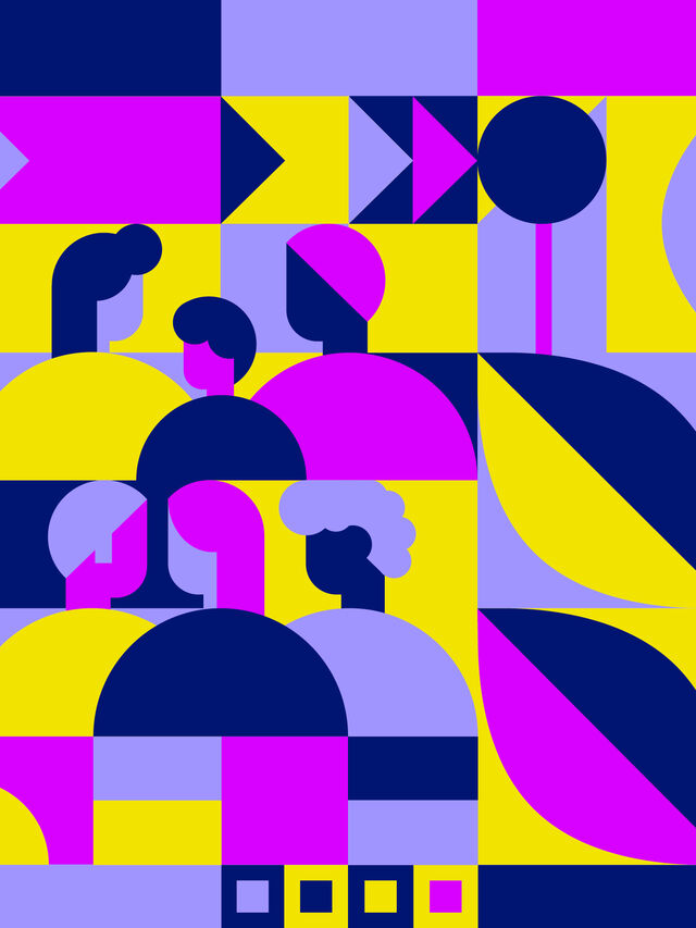 Abstrakte geometrische Kunst mit stilisierten Menschen, Blättern und verschiedenen Formen in leuchtenden Farben.