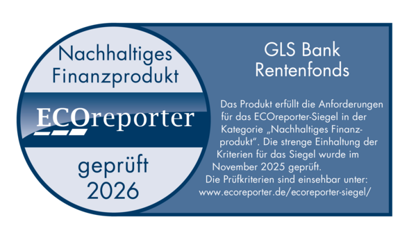 Blau-weiße Plakette für ECOreporter 2026, GLS Bank, Nachhaltiges Finanzprodukt.