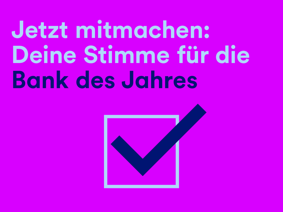 Grafik zur Wahl "Bank des Jahres" mit dem Aufruf, daran teilzunehmen