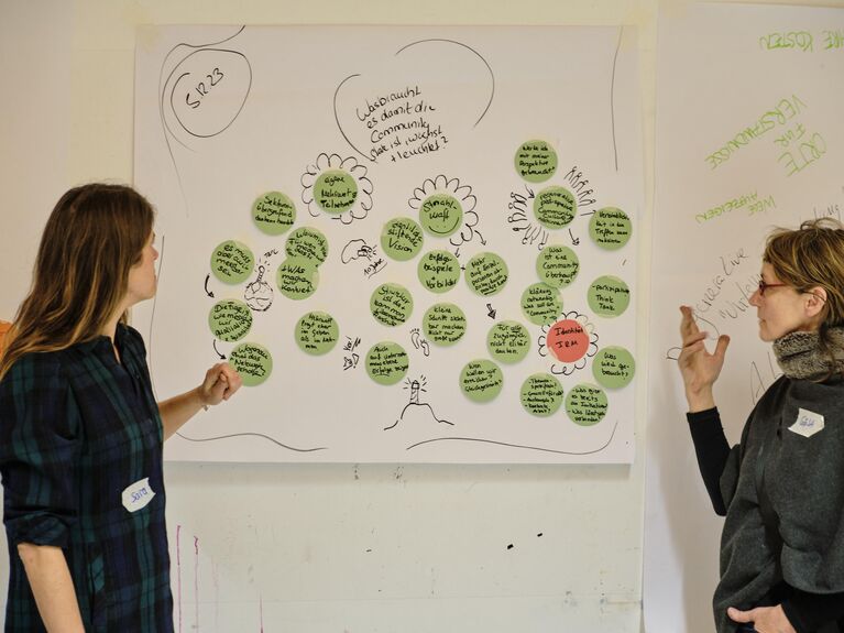 Zwei weiblich gelesene Personen vor einem Flipchart