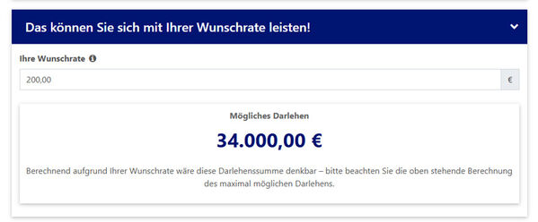 Screenshot: GLS Budgetrechner - Darlehenssumme auf Grundlage einer Wunschrate