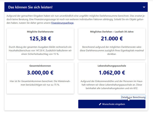 Screenshot: Berechnung Darlehenssumme