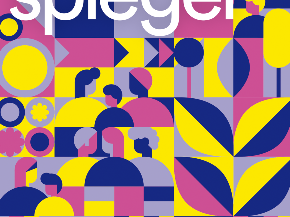 Geometrische Illustration mit abstrakten Menschen und Pflanzen in Rosa, Gelb, Blau und Lila.