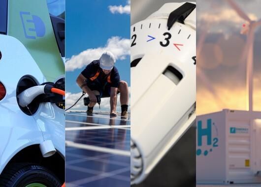 Fotocollage: E-Auto, Solarnalage, Heizventil und grüner Wasserstoff