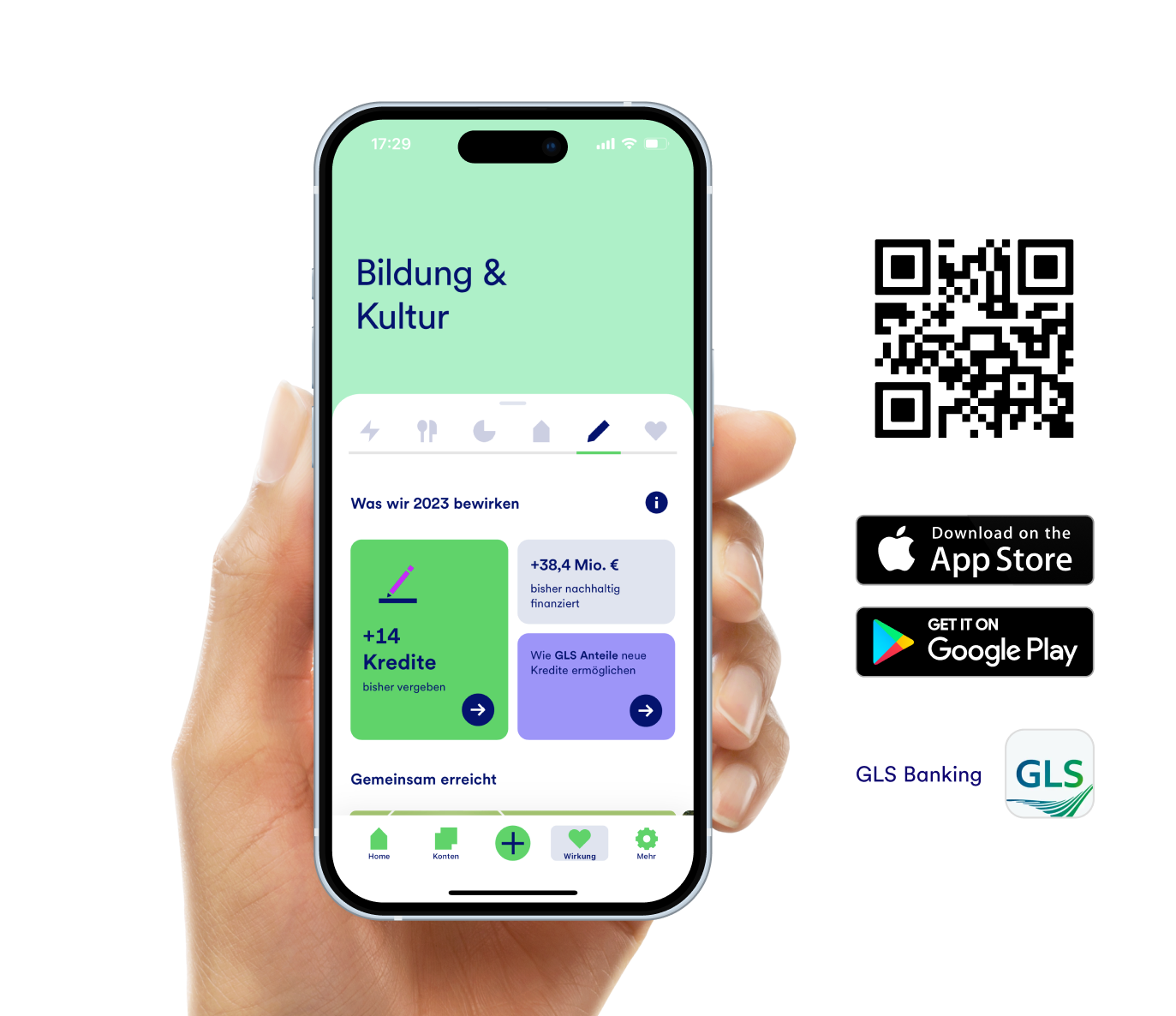 Smartphone, auf dem die GLS Banking App zu sehen ist