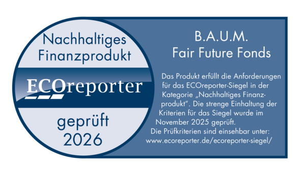 Blaues und graues Label für ECOreporter-geprüfte nachhaltige Finanzprodukte 2026.