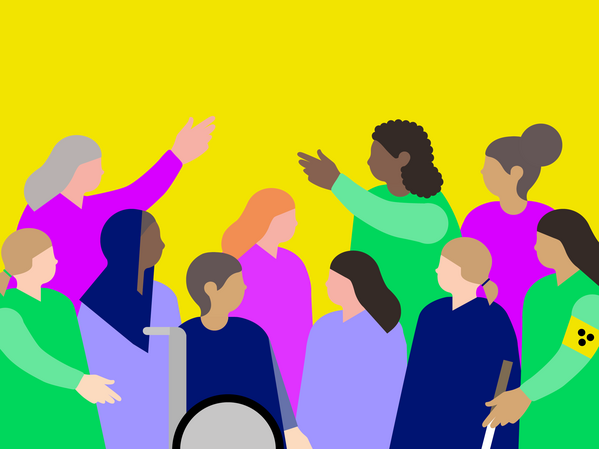 Illustration verschiedener Frauen, einschließlich solcher mit Behinderungen, vor einem gelben Hintergrund.