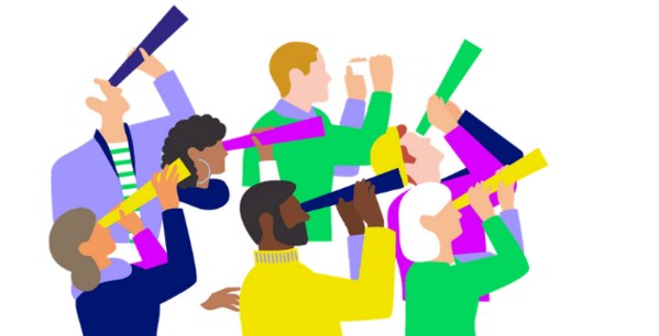 Illustration verschiedener Menschen, die durch bunte Teleskope in verschiedene Richtungen schauen.