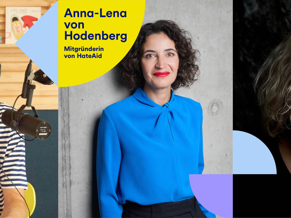 Fünf Personen sind abgebildet; Textbeschriftungen stellen sie und ihre Berufe oder Rollen vor.