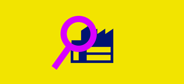 Illustration einer Lupe über einer Fabrik.