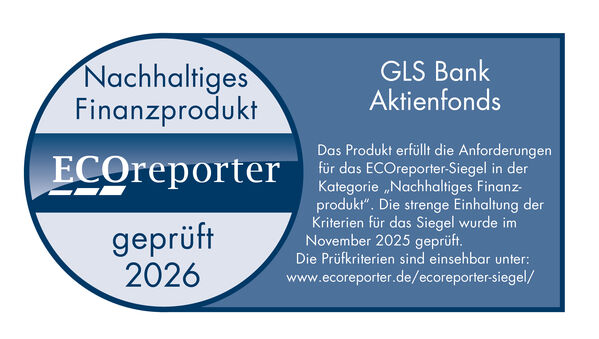 Blau-weißes ECOreporter-Siegel für den GLS Bank Aktienfonds, zertifiziert bis 2026.